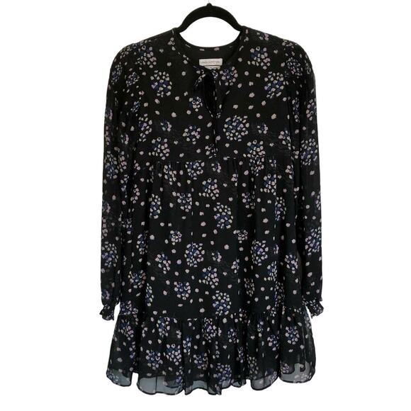 Urban Outfitters Size XS Black Floral Long Sleeve Mini Dress Tie Front Crepe - Picture 1 of 7